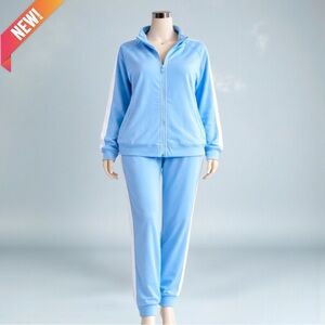 New 2-Piece Baby Blue Striped Zip-Up Jacket & Pocketed Pants Set